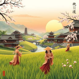 An illustration of feudal China highlighting the life of Chinese peasants working in traditional agricultural settings