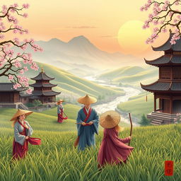An illustration of feudal China highlighting the life of Chinese peasants working in traditional agricultural settings