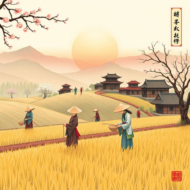 A cover illustration representing feudal China, featuring Chinese peasants working in the fields