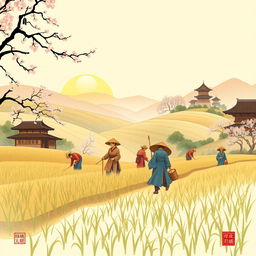 A cover illustration representing feudal China, featuring Chinese peasants working in the fields