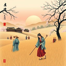 A cover illustration representing feudal China, featuring Chinese peasants working in the fields