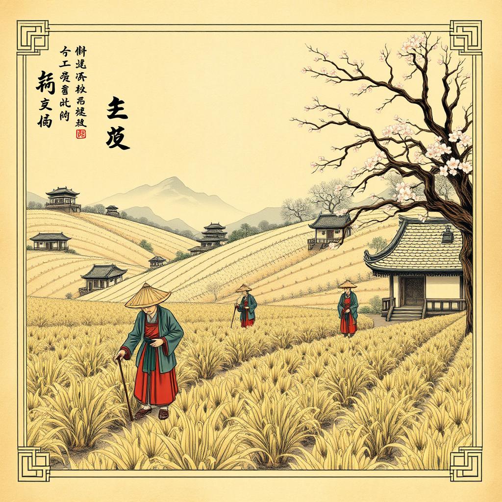 A cover illustration depicting the essence of feudal China, focusing on Chinese peasants working in the fields