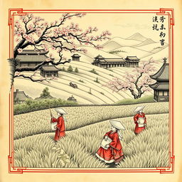 A cover illustration depicting the essence of feudal China, focusing on Chinese peasants working in the fields