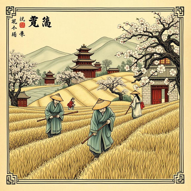 A cover illustration depicting the essence of feudal China, focusing on Chinese peasants working in the fields