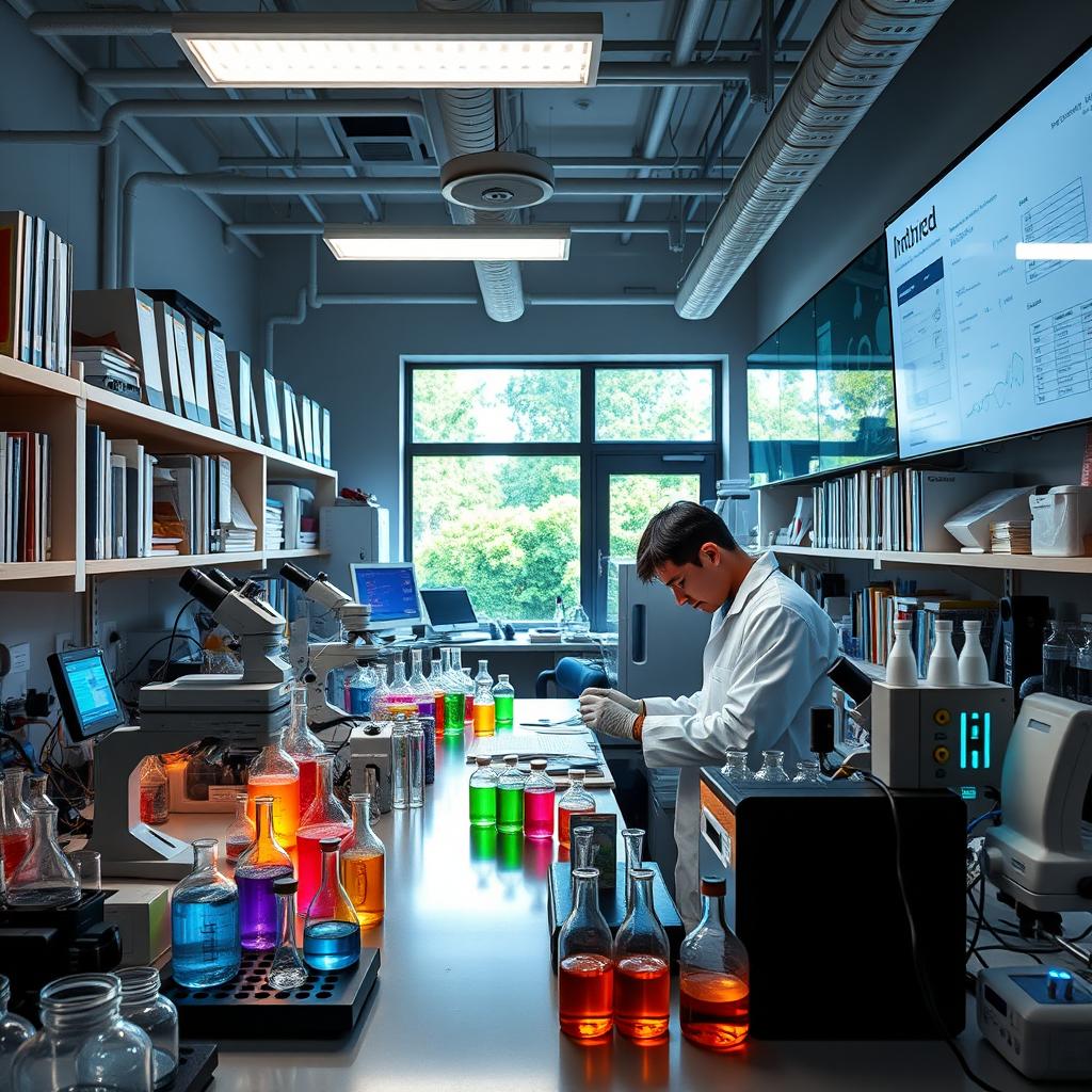 A vibrant and dynamic scientific laboratory filled with advanced equipment