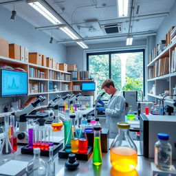 A vibrant and dynamic scientific laboratory filled with advanced equipment