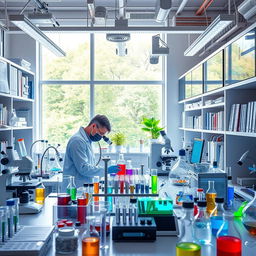 A vibrant and dynamic scientific laboratory filled with advanced equipment