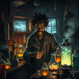 A dramatic depiction of an evil scientist in a dimly lit laboratory