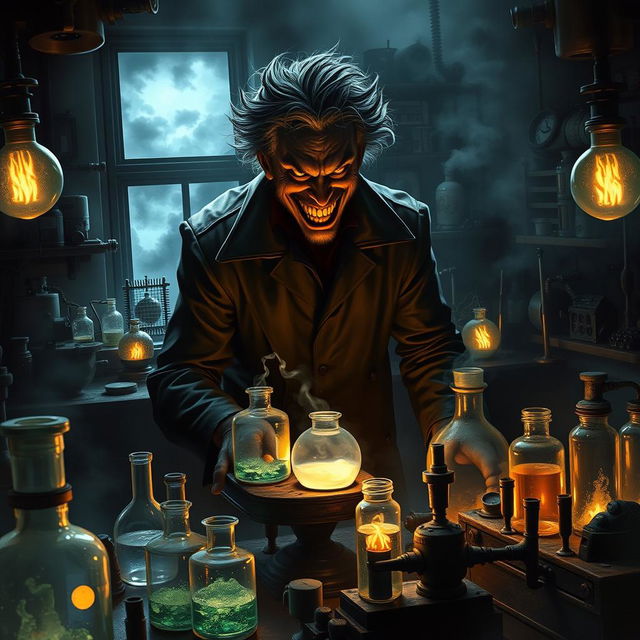 A dramatic depiction of an evil scientist in a dimly lit laboratory