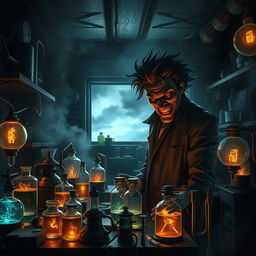 A dramatic depiction of an evil scientist in a dimly lit laboratory