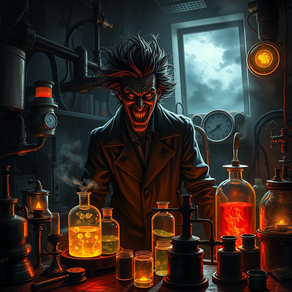 A dramatic depiction of an evil scientist in a dimly lit laboratory