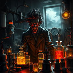 A dramatic depiction of an evil scientist in a dimly lit laboratory
