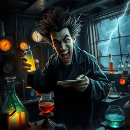 A sinister and dramatic portrayal of an evil scientist in a shadowy laboratory