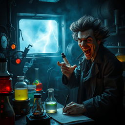 A sinister and dramatic portrayal of an evil scientist in a shadowy laboratory