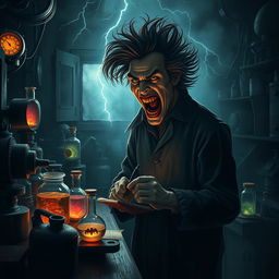 A sinister and dramatic portrayal of an evil scientist in a shadowy laboratory