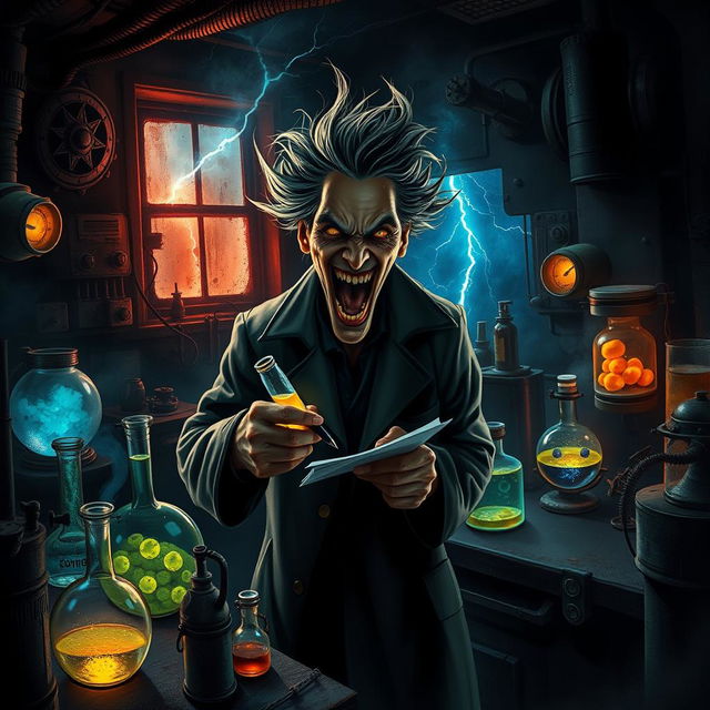 A sinister and dramatic portrayal of an evil scientist in a shadowy laboratory