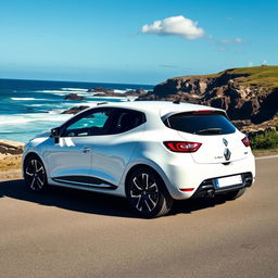 A sleek, modern Renault Clio in a bright white color parked on a scenic coastal road