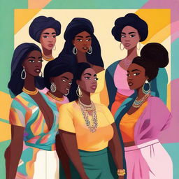 A high-quality digital art piece featuring a group of diverse women