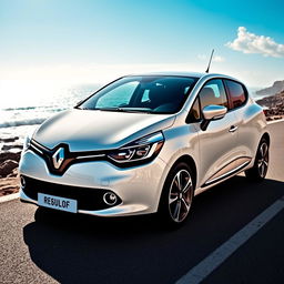 A sleek, modern Renault Clio in a bright white color parked on a scenic coastal road