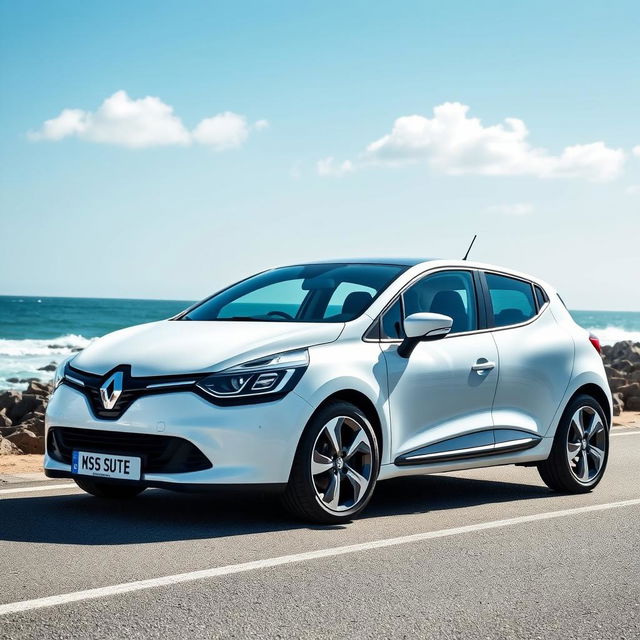 A sleek, modern Renault Clio in a bright white color parked on a scenic coastal road