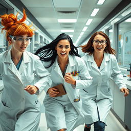 A lively scene of three female scientists running down a bustling laboratory hallway