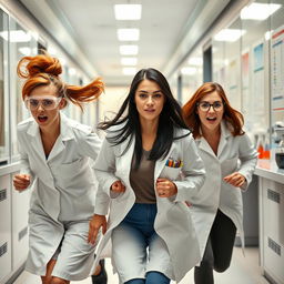 A lively scene of three female scientists running down a bustling laboratory hallway