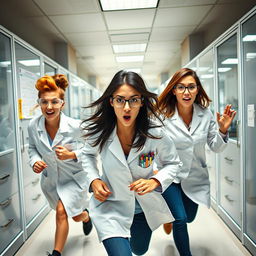 A lively scene of three female scientists running down a bustling laboratory hallway