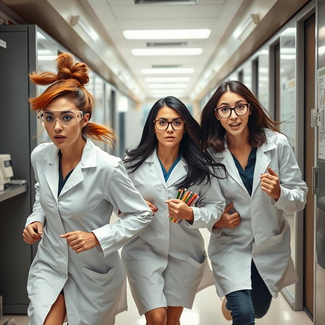 A lively scene of three female scientists running down a bustling laboratory hallway