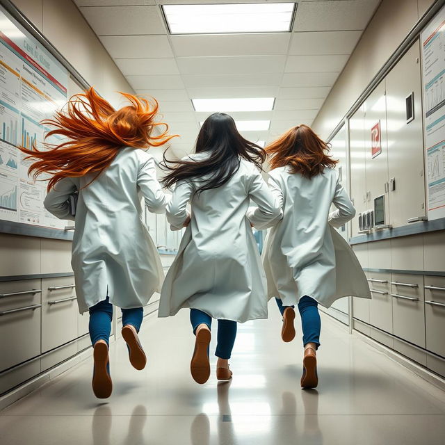 A dynamic scene showing three female scientists running away from the viewer down a laboratory hallway