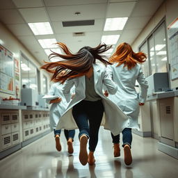 A dynamic scene showing three female scientists running away from the viewer down a laboratory hallway