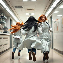 A dynamic scene showing three female scientists running away from the viewer down a laboratory hallway