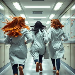 A dynamic scene showing three female scientists running away from the viewer down a laboratory hallway