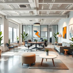 A modern office interior design for three people, covering an area of 30 square meters