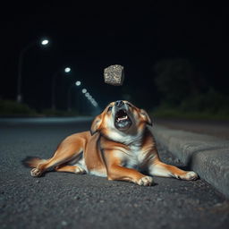 A stray dog lying on the side of a quiet road, suddenly jolted awake by a stone that has just hit its head