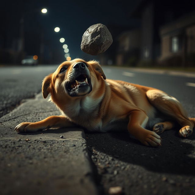 A stray dog lying on the side of a quiet road, suddenly jolted awake by a stone that has just hit its head