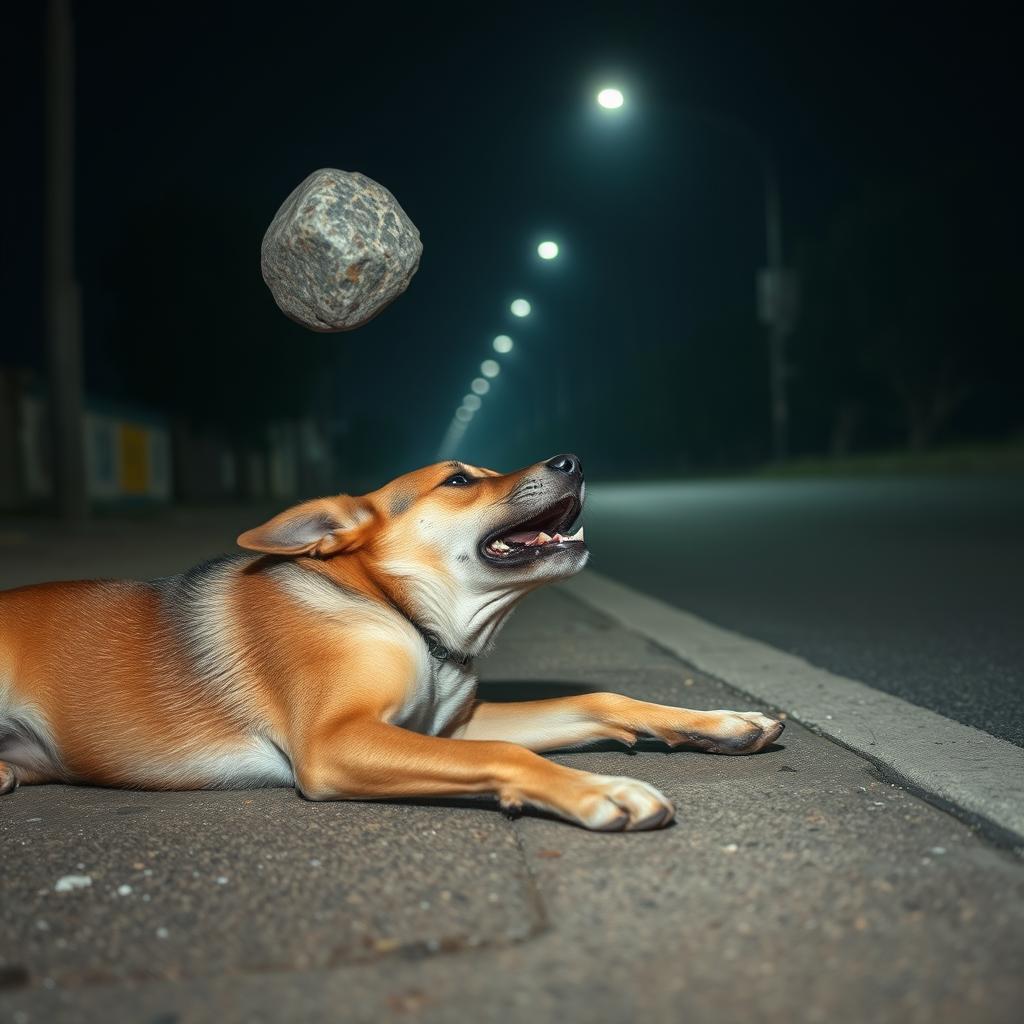 A stray dog lying on the side of a quiet road, suddenly jolted awake by a stone that has just hit its head