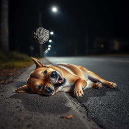 A stray dog lying on the side of a quiet road, suddenly jolted awake by a stone that has just hit its head