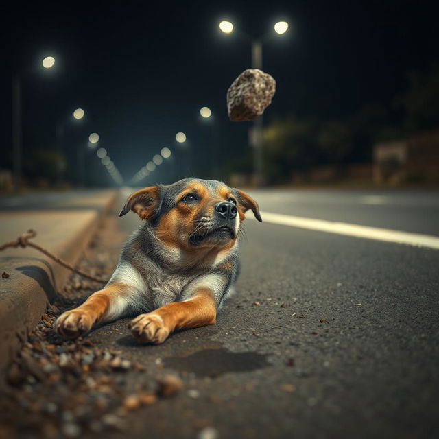 A stray dog lying peacefully on the side of a deserted road, suddenly jolted awake by a stone hitting its head