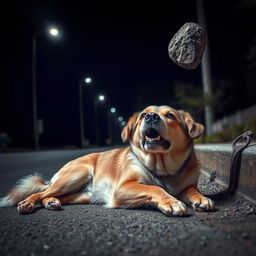 A stray dog lying peacefully on the side of a deserted road, suddenly jolted awake by a stone hitting its head