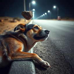 A stray dog lying peacefully on the side of a deserted road, suddenly jolted awake by a stone hitting its head