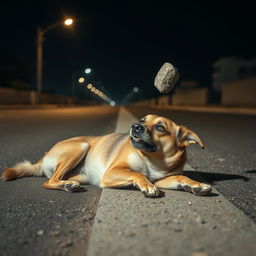 A stray dog lying peacefully on the side of a deserted road, suddenly jolted awake by a stone hitting its head