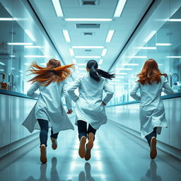 A vibrant scene capturing three female scientists sprinting away from the viewer down a sleek laboratory hallway