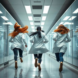 A vibrant scene capturing three female scientists sprinting away from the viewer down a sleek laboratory hallway