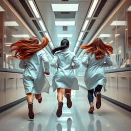 A vibrant scene capturing three female scientists sprinting away from the viewer down a sleek laboratory hallway