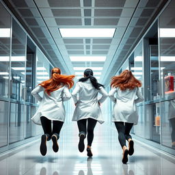 A vibrant scene capturing three female scientists sprinting away from the viewer down a sleek laboratory hallway