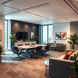 A modern and functional office space designed for three people, occupying 30 square meters