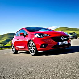 A stunning 2015 Opel Corsa parked on a scenic highway, showcasing its sleek design and stylish curves