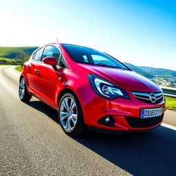 A stunning 2015 Opel Corsa parked on a scenic highway, showcasing its sleek design and stylish curves