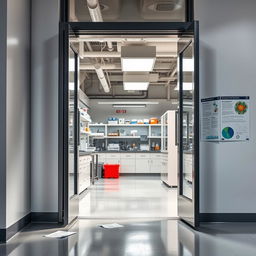An open laboratory door inviting the viewer into a scene of scientific exploration