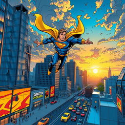 A vibrant, action-packed comic book scene featuring a superhero soaring through a city skyline during sunset